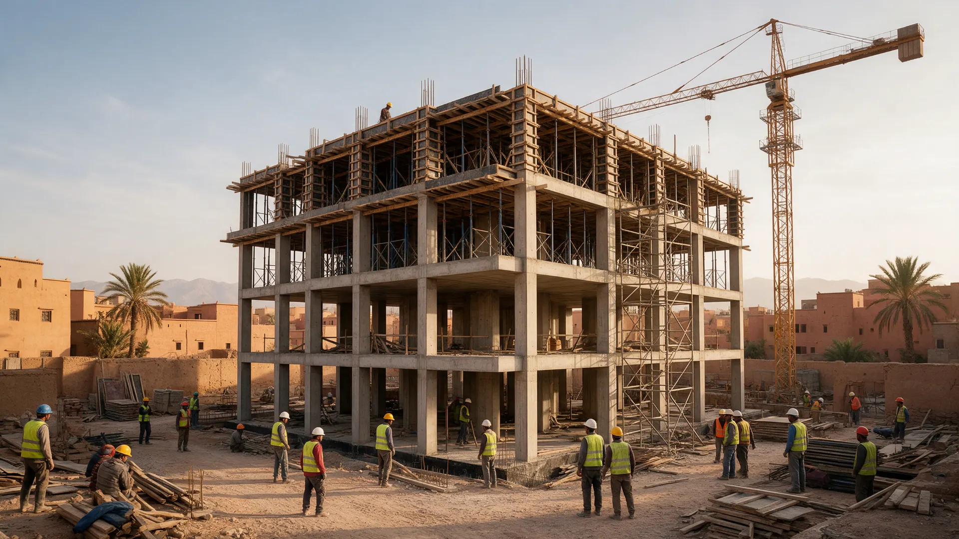 Chantier de bâtiment R+4 en béton armé à Marrakech